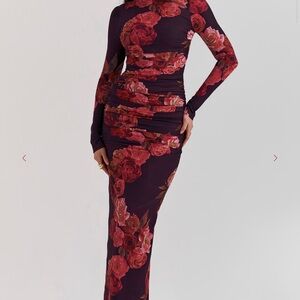 House of CB Burgundy Floral Long Sleeve Dress